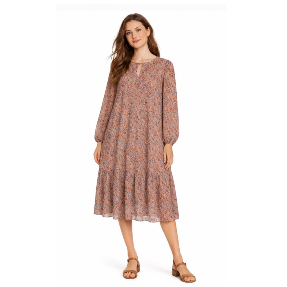 Wilfred Dusty Rose Floral Long Sleeve Tiered Midi Dress
